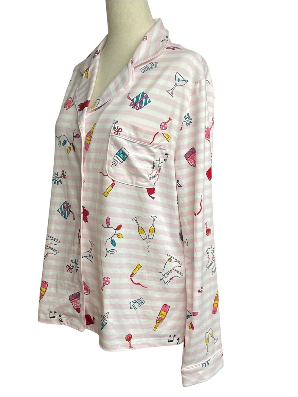 Kate Spade Holiday Cheer Pink Striped Button Front Pajama Top Size Medium NWT
